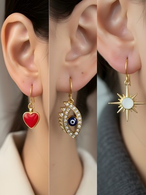 NKT Collection Beyaz Kutup Yıldızı Nazar Göz Kırmızı Kalp Sembol Figürlü 3’lü Kadın Küpe Set