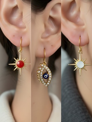 NKT Collection Beyaz Kutup Yıldızı Kırmızı Kutup Yıldızı Nazar Göz Sembol Figürlü 3’lü Kadın Küpe Set