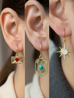 NKT Collection Beyaz Kutup Yıldızı Tablet Kutup Yıldızı Kalp Zarf Sembol Figürlü 3’lü Kadın Küpe Set