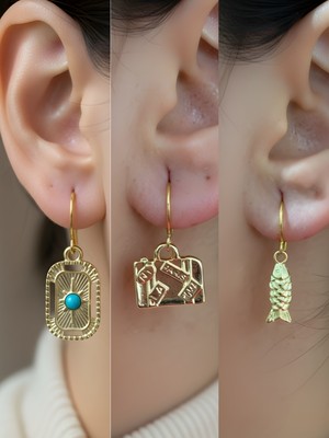 NKT Collection Balık Bavul Tablet Kutup Yıldızı Sembol Figürlü 3’lü Kadın Küpe Set