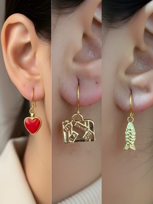 NKT Collection Balık Bavul Kırmızı Kalp Sembol Figürlü 3’lü Kadın Küpe Set