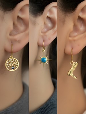 NKT Collection Kovboy Çizmesi Mavi Kutup Yıldızı Hayat Ağacı Sembol Figürlü 3’lü Kadın Küpe Set