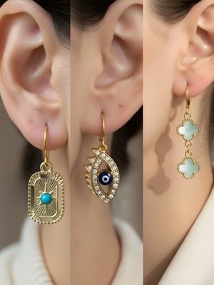 NKT Collection Turkuaz Yonca Tablet Kutup Yıldızı Nazar Göz Sembol Figürlü 3’lü Kadın Küpe Set