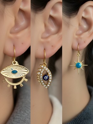 NKT Collection Mavi Kutup Yıldızı Göz Nazar Göz Sembol Figürlü 3’lü Kadın Küpe Set