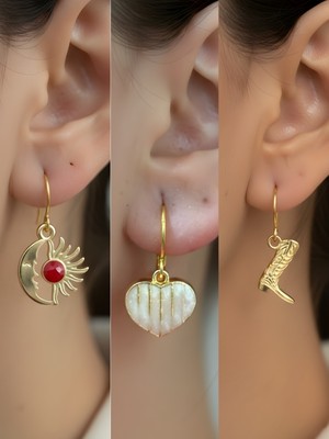 NKT Collection Kovboy Çizmesi Beyaz Kalp Ay Güneş Sembol Figürlü 3’lü Kadın Küpe Set