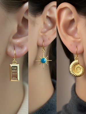 NKT Collection Deniz Kabuğu Mavi Kutup Yıldızı Külçe Altın Sembol Figürlü 3’lü Kadın Küpe Set