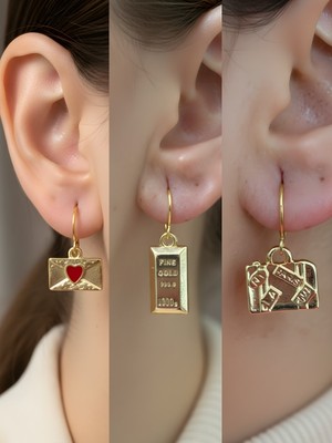 NKT Collection Bavul Külçe Altın Kalp Zarf Sembol Figürlü 3’lü Kadın Küpe Set