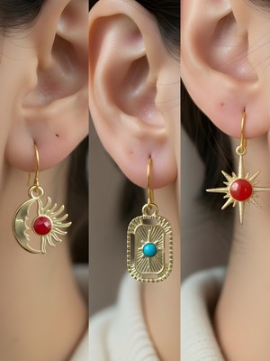 NKT Collection Tablet Kutup Yıldızı Kırmızı Kutup Yıldızı Ay Güneş Sembol Figürlü 3’lü Kadın Küpe Set