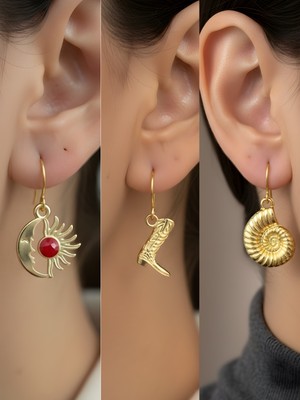 NKT Collection Kovboy Çizmesi Deniz Kabuğu Ay Güneş Sembol Figürlü 3’lü Kadın Küpe Set