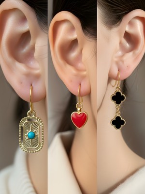 NKT Collection Siyah Yonca Tablet Kutup Yıldızı Kırmızı Kalp Sembol Figürlü 3’lü Kadın Küpe Set