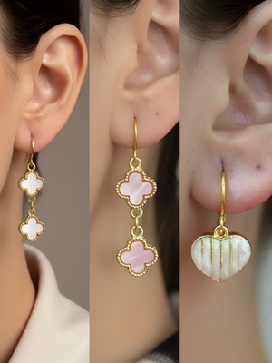 NKT Collection Beyaz Kalp Pembe Yonca Beyaz Yonca Sembol Figürlü 3’lü Kadın Küpe Set