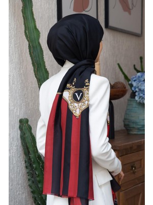 Vissona %100 Ipek Şerit ve Varak Desenli Kırmızı - Siyah Renkli 92X210 Şal