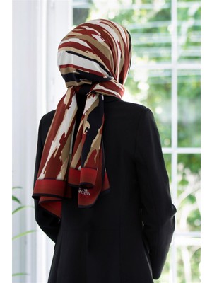 Vissona Lüks Medine Ipeği Geometrik Desenli Bordo Renkli 75X195 Kırışmaz Şal Moss Krep Dikiş Tipi Italyan Dikişli