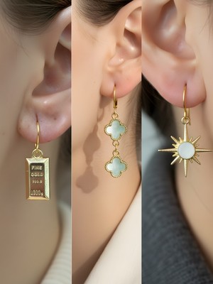 NKT Collection Beyaz Kutup Yıldızı Turkuaz Yonca Külçe Altın Sembol Figürlü 3’lü Kadın Küpe Set