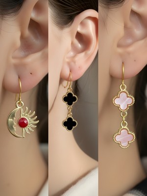 NKT Collection Siyah Yonca Pembe Yonca Ay Güneş Sembol Figürlü 3’lü Kadın Küpe Set