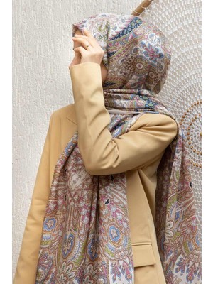 Vissona 100% Ipek Etnik Desenli Bej - Petrol Yeşili Renkli 92X210 Şal