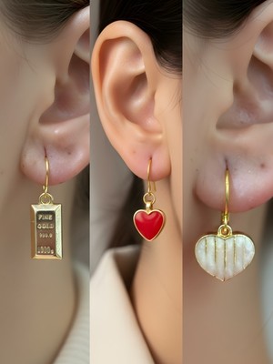 NKT Collection Beyaz Kalp Kırmızı Kalp Külçe Altın Sembol Figürlü 3’lü Kadın Küpe Set