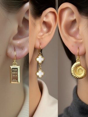 NKT Collection Deniz Kabuğu Beyaz Yonca Külçe Altın Sembol Figürlü 3’lü Kadın Küpe Set