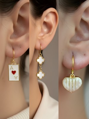 NKT Collection Beyaz Kalp Beyaz Yonca Kupa As Sembol Figürlü 3’lü Kadın Küpe Set