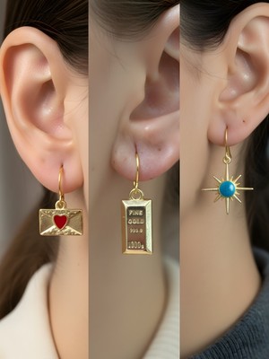 NKT Collection Mavi Kutup Yıldızı Külçe Altın Kalp Zarf Sembol Figürlü 3’lü Kadın Küpe Set