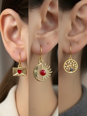 NKT Collection Hayat Ağacı Ay Güneş Kalp Zarf Sembol Figürlü 3’lü Kadın Küpe Set