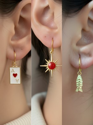 NKT Collection Balık Kırmızı Kutup Yıldızı Kupa As Sembol Figürlü 3’lü Kadın Küpe Set