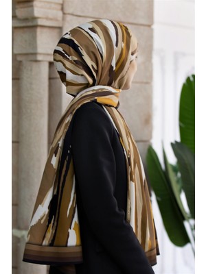 Vissona Lüks Medine Ipeği Geometrik Desenli Bej Renkli 75X195 Kırışmaz Şal Moss Krep Dikiş Tipi Italyan Dikişli