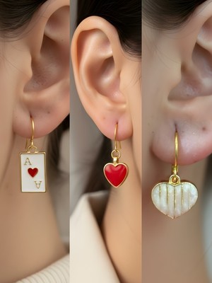 NKT Collection Beyaz Kalp Kırmızı Kalp Kupa As Sembol Figürlü 3’lü Kadın Küpe Set