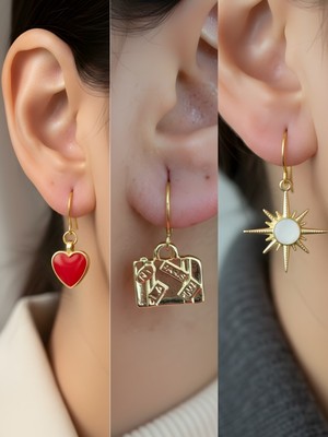 NKT Collection Beyaz Kutup Yıldızı Bavul Kırmızı Kalp Sembol Figürlü 3’lü Kadın Küpe Set