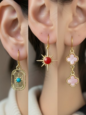 NKT Collection Pembe Yonca Tablet Kutup Yıldızı Kırmızı Kutup Yıldızı Sembol Figürlü 3’lü Kadın Küpe Set