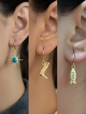 NKT Collection Kovboy Çizmesi Balık Mavi Kutup Yıldızı Sembol Figürlü 3’lü Kadın Küpe Set