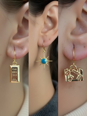 NKT Collection Bavul Mavi Kutup Yıldızı Külçe Altın Sembol Figürlü 3’lü Kadın Küpe Set