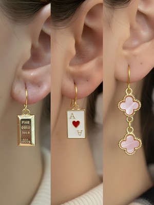 NKT Collection Pembe Yonca Kupa As Külçe Altın Sembol Figürlü 3’lü Kadın Küpe Set