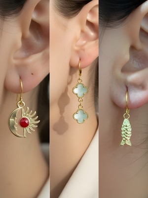 NKT Collection Balık Turkuaz Yonca Ay Güneş Sembol Figürlü 3’lü Kadın Küpe Set