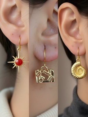 NKT Collection Deniz Kabuğu Bavul Kırmızı Kutup Yıldızı Sembol Figürlü 3’lü Kadın Küpe Set