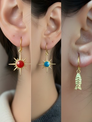 NKT Collection Balık Mavi Kutup Yıldızı Kırmızı Kutup Yıldızı Sembol Figürlü 3’lü Kadın Küpe Set