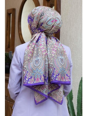 Vissona 100% Ipek Etnik Desenli Mor - Indigo Renkli 92X210 Şal