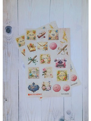 One Little Happiness Vintage Journal Sticker Seti / Bullet Journal Scrapbook Kolaj Için Uygun
