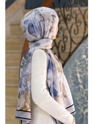 Vissona Lüks Medine Ipeği Çiçek Desenli Bej - Gri Renkli 75X195 Kırışmaz Şal Moss Krep Dikiş Tipi Italyan Dikişli