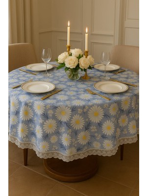 Rona Home Papatya Desenli Yuvarlak Masa Örtüsü Dantel Kenarlı Leke Tutmaz Silinebilir Kaliteli Kumaş Lüks Sofr