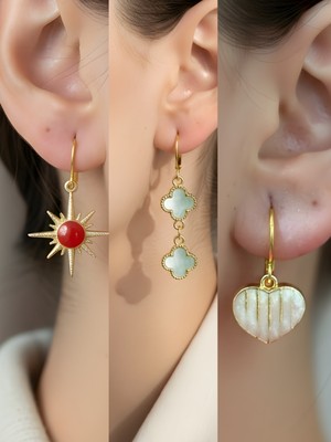 NKT Collection Beyaz Kalp Turkuaz Yonca Kırmızı Kutup Yıldızı Sembol Figürlü 3’lü Kadın Küpe Set