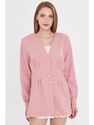 Armonika Kadın Pudra V Yaka Pile Detaylı Vücuda Oturan Vatkalı Ceket ARM-25Y001039