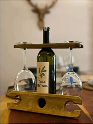 The N Wood Ahşap Şişelik ve Kadehlik – Masaüstü Mini Bar Standı – Doğal Ceviz Renkli