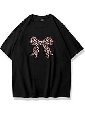 Trendiz Kadın Leopar Kurdele Tshirt Siyah