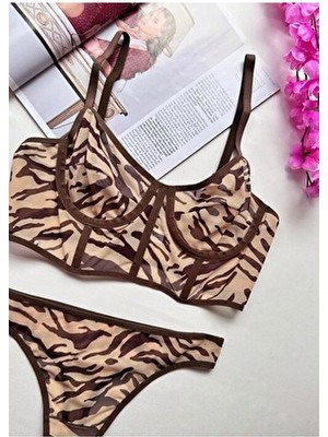 Rozenin Lingerie Kahverengi Desenli Korseli Kapsız Büstiyer Sütyen Takımı