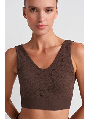 Dantel Görünümlü Pedli V Yaka Spor Sütyeni Chocolate