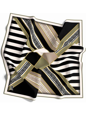 Violla Twill Çizgili Geometrik Desenli Haki Renkli 90X90 Eşarp (Ipek Içermez) Kenar Dikiş Şekli El Dikişli