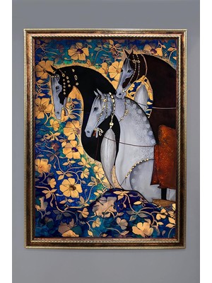 Dolce Mariee Üç At Desenli Dijital Baskılı Kadife Kumaş Çerçeveli Tablo TBL0048