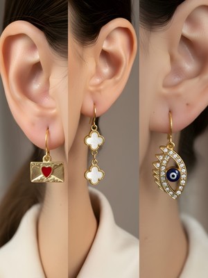 NKT Collection Beyaz Yonca Nazar Göz Kalp Zarf Sembol Figürlü 3’lü Kadın Küpe Set