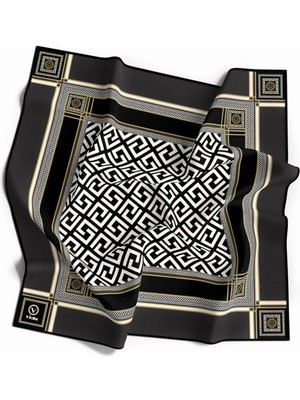 Violla Twill Antik Desenli Füme Renkli 90X90 Eşarp (Ipek Içermez) Kenar Dikiş Şekli El Dikişli
